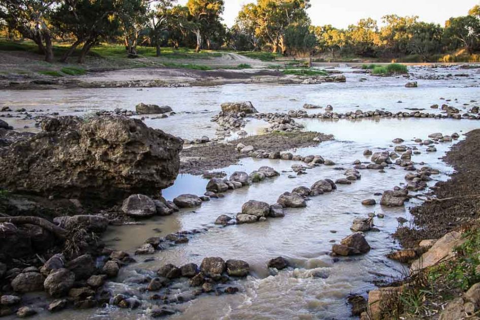 Aboriginal fish traps and weir on Barwon River at Brewarrina, NSW